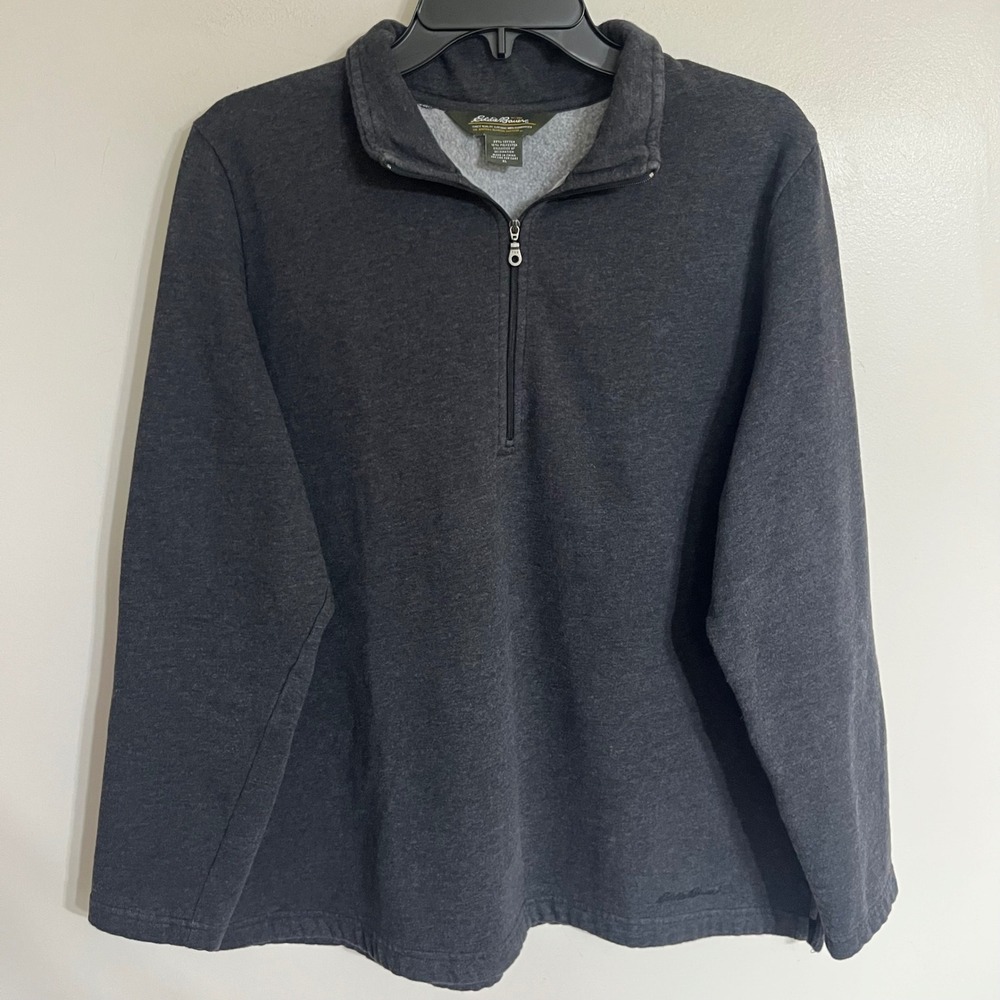 Eddie Bauer‎ Mens XL Charcoal Gray Heathered Quarter Zip Fleece Pullover Sweater
